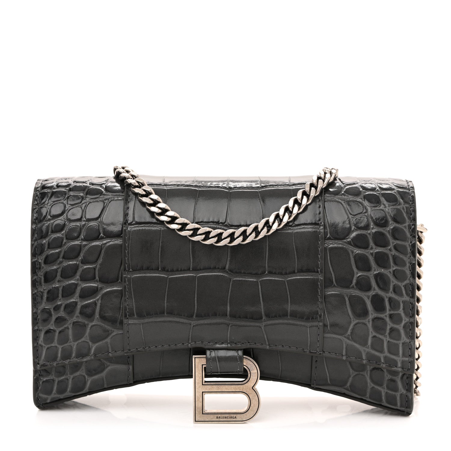Balenciaga Shiny Calfskin Crocodile Embossed Hourglass Chain Bag Gris 1 of 9