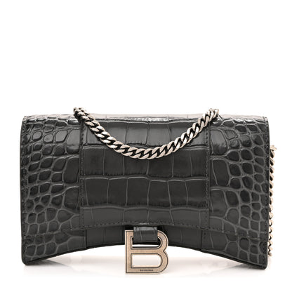 Balenciaga Shiny Calfskin Crocodile Embossed Hourglass Chain Bag Gris 1 of 9