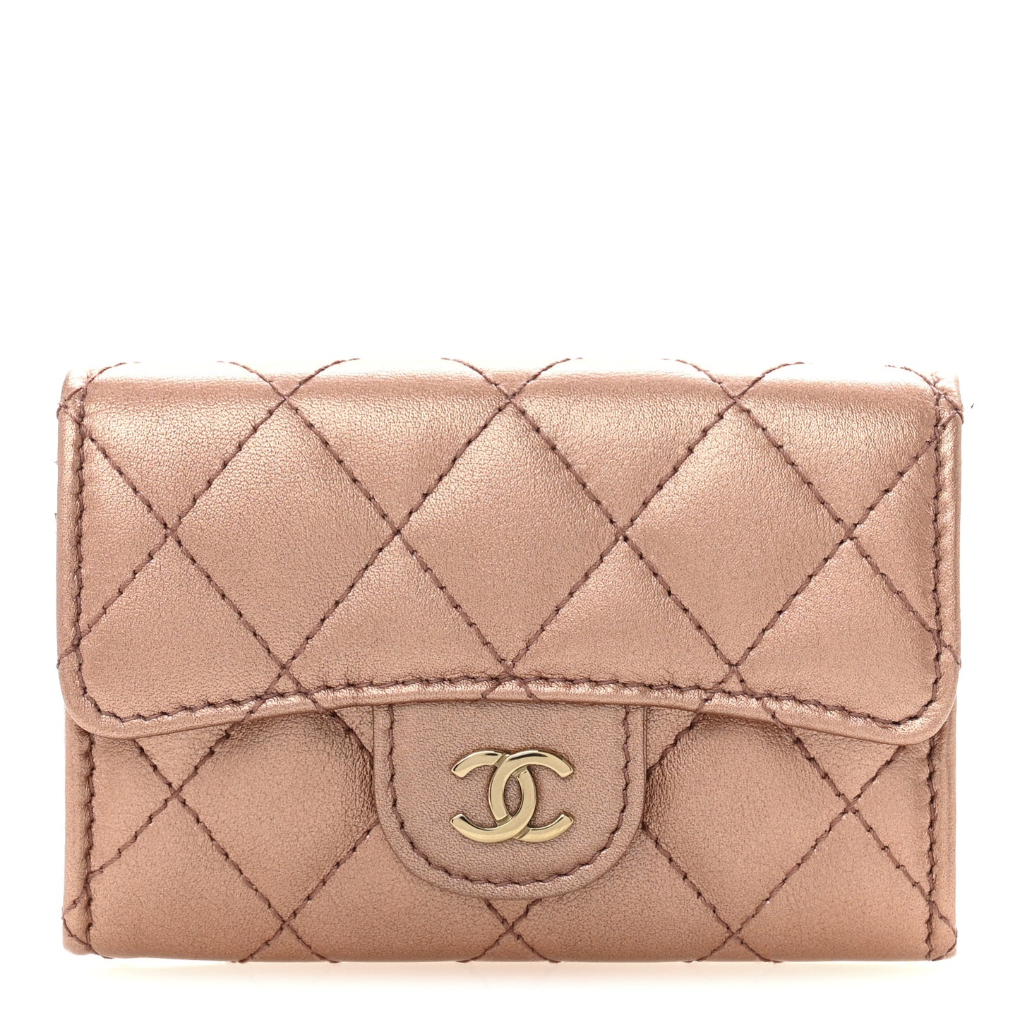 Metallic Lambskin Quilted Flap Card Holder Wallet Dark Pink