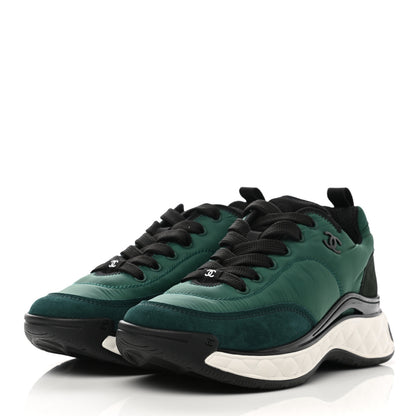 Chanel Nylon Suede Calfskin Womens Logo Sneakers 36.5 Green 3 of 9