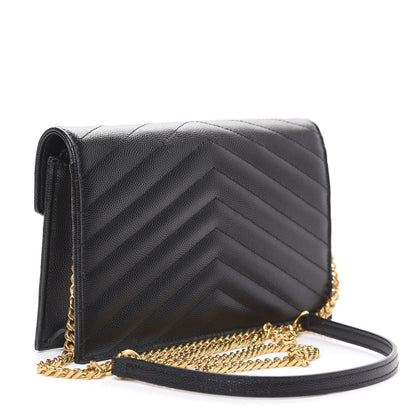 Saint Laurent Grain De Poudre Matelasse Chevron Monogram Envelope Chain Wallet Black 3 of 12