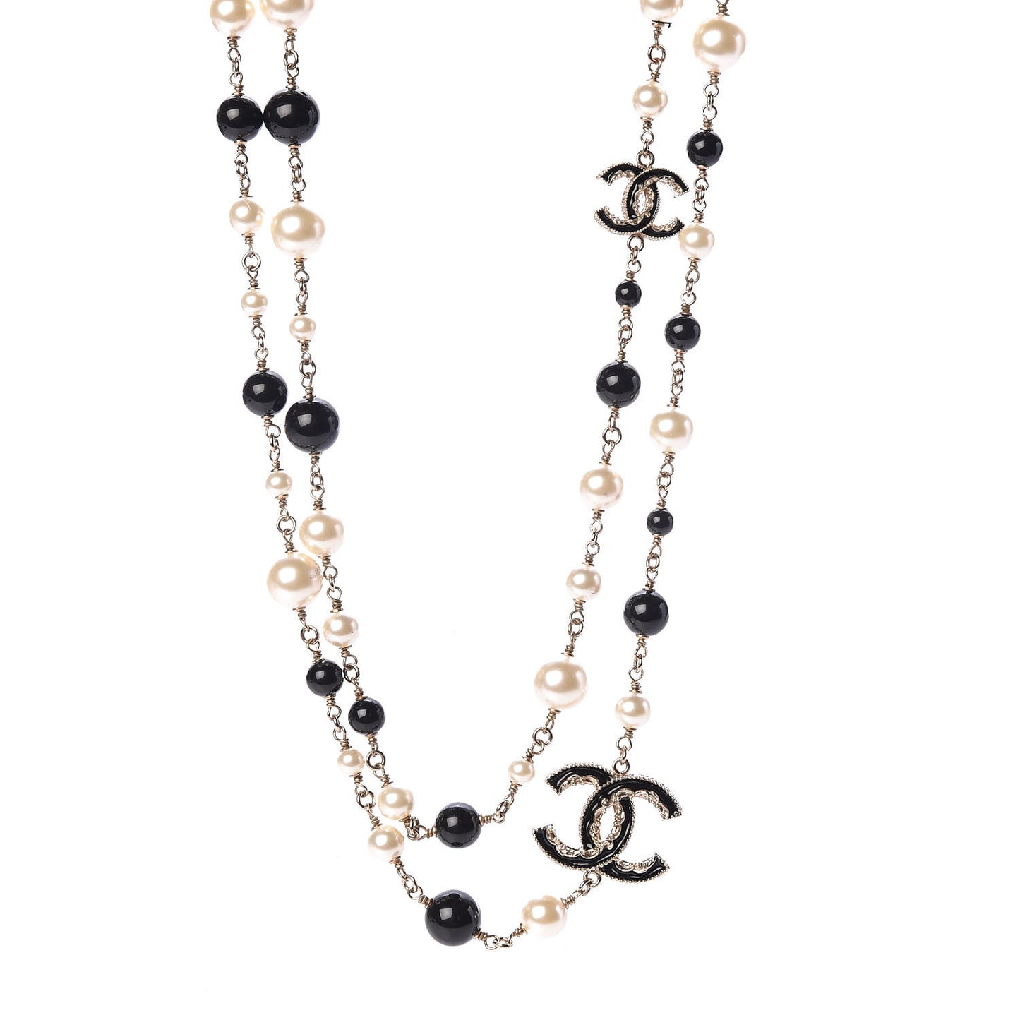Pearl Bead Enamel CC Baroque Long Necklace Black Gold