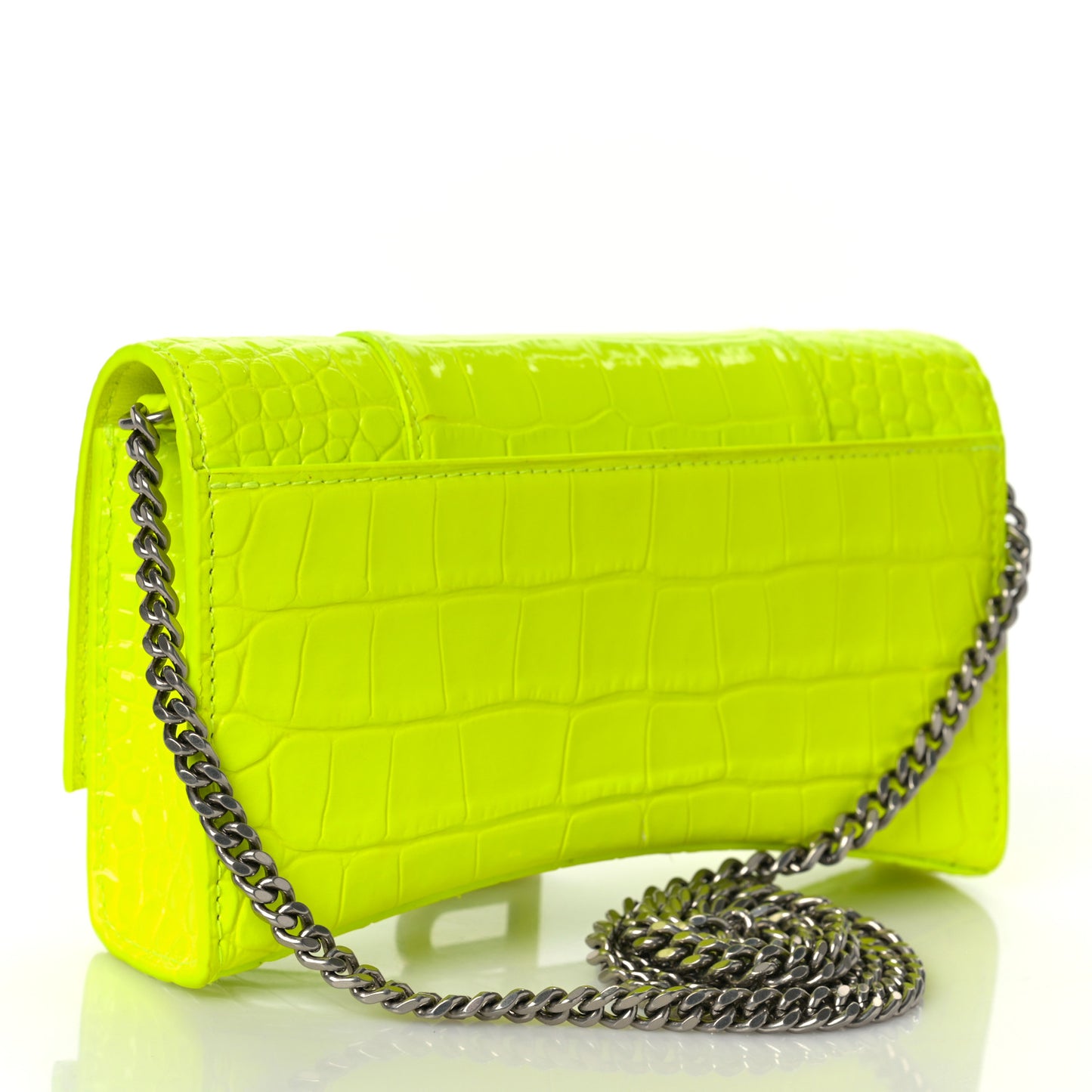 Shiny Calfskin Crocodile Embossed Hourglass Chain Bag Fluo Yellow