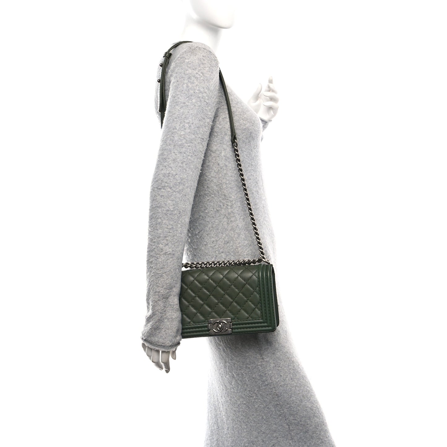 Calfskin Quilted Double Stitch Medium Boy Flap Green