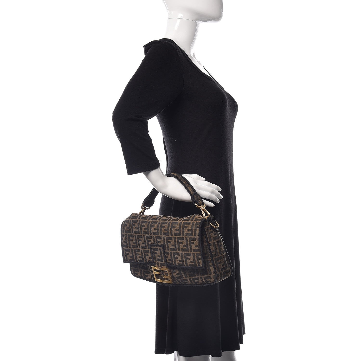 Fendi Fabric Jacquard FF 1974 Large Baguette Tobacco Moro Black 3 of 9