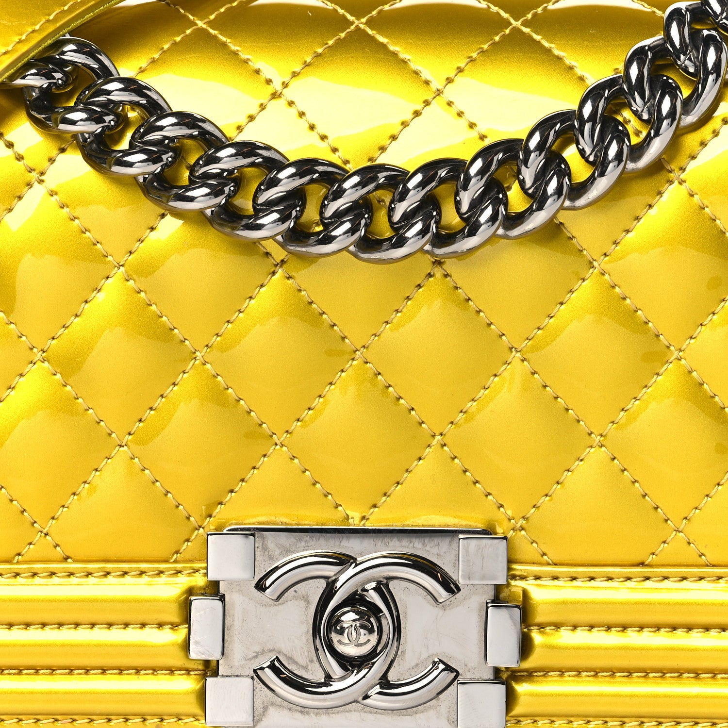Chanel Metallic Patent Calfskin Quilted Small Boy Flap Yellow 8 of 12