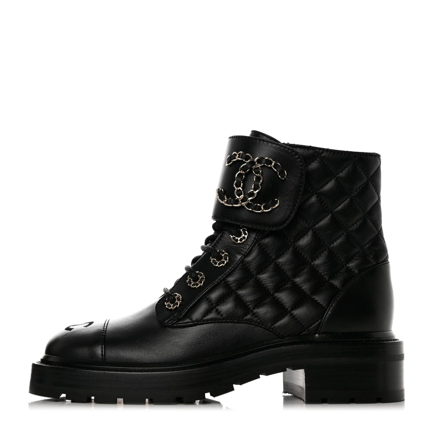 Shiny Lambskin Quilted Lace Up Combat Boots 36.5 Black