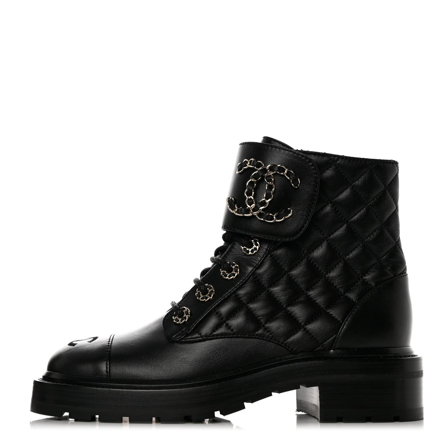Chanel Shiny Lambskin Quilted Lace Up Combat Boots 36.5 Black 1 of 9