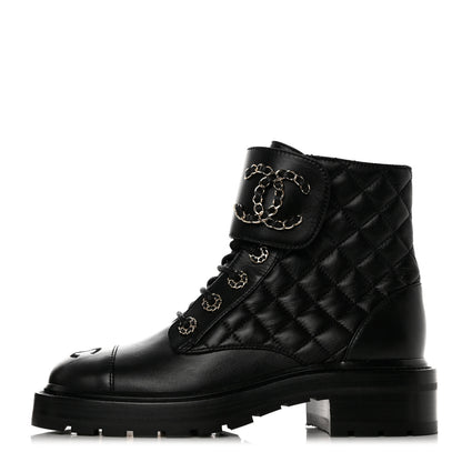Chanel Shiny Lambskin Quilted Lace Up Combat Boots 36.5 Black 1 of 9