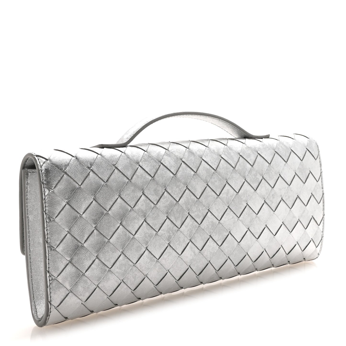 Metallic Lambskin Intrecciato Long Andiamo Top Handle Clutch Silver