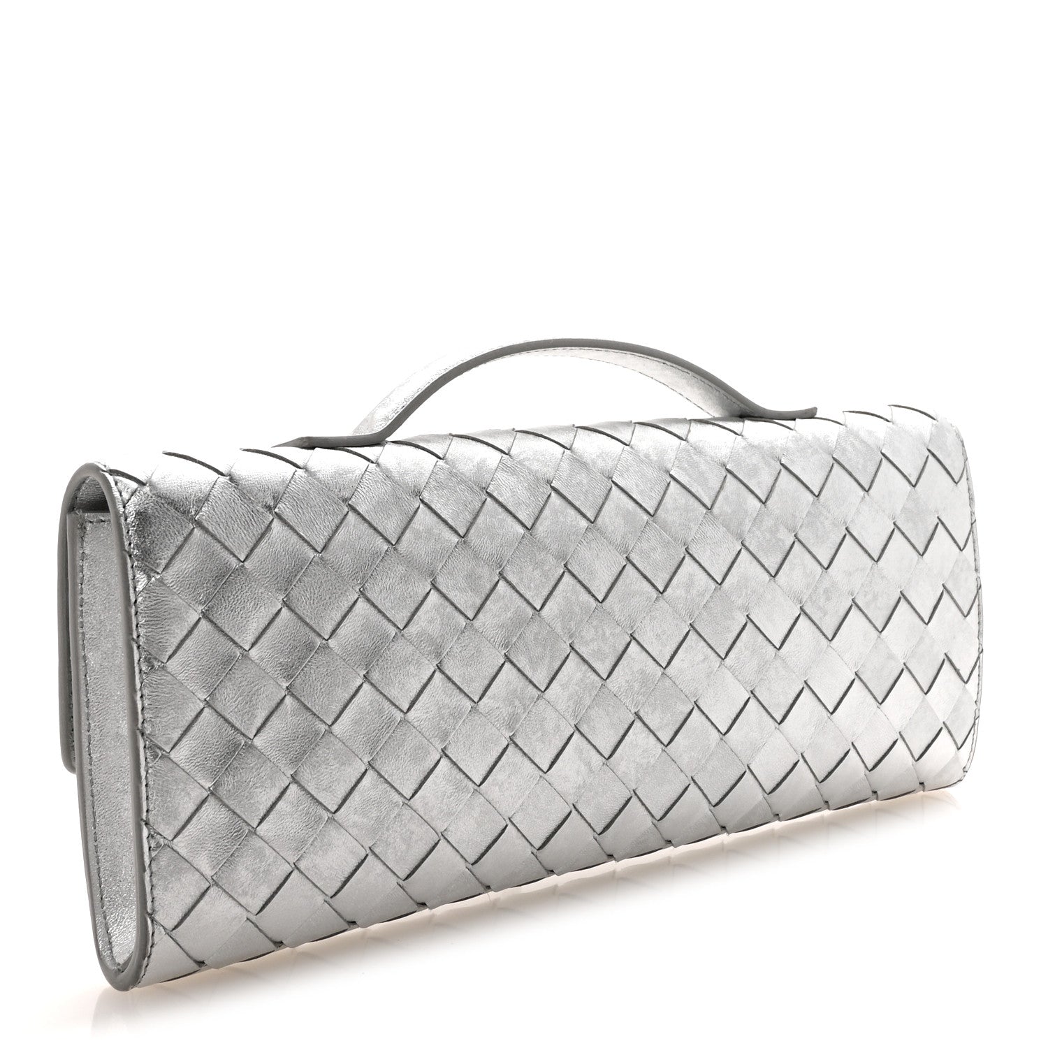 Bottega Veneta Metallic Lambskin Intrecciato Long Andiamo Top Handle Clutch Silver 3 of 6