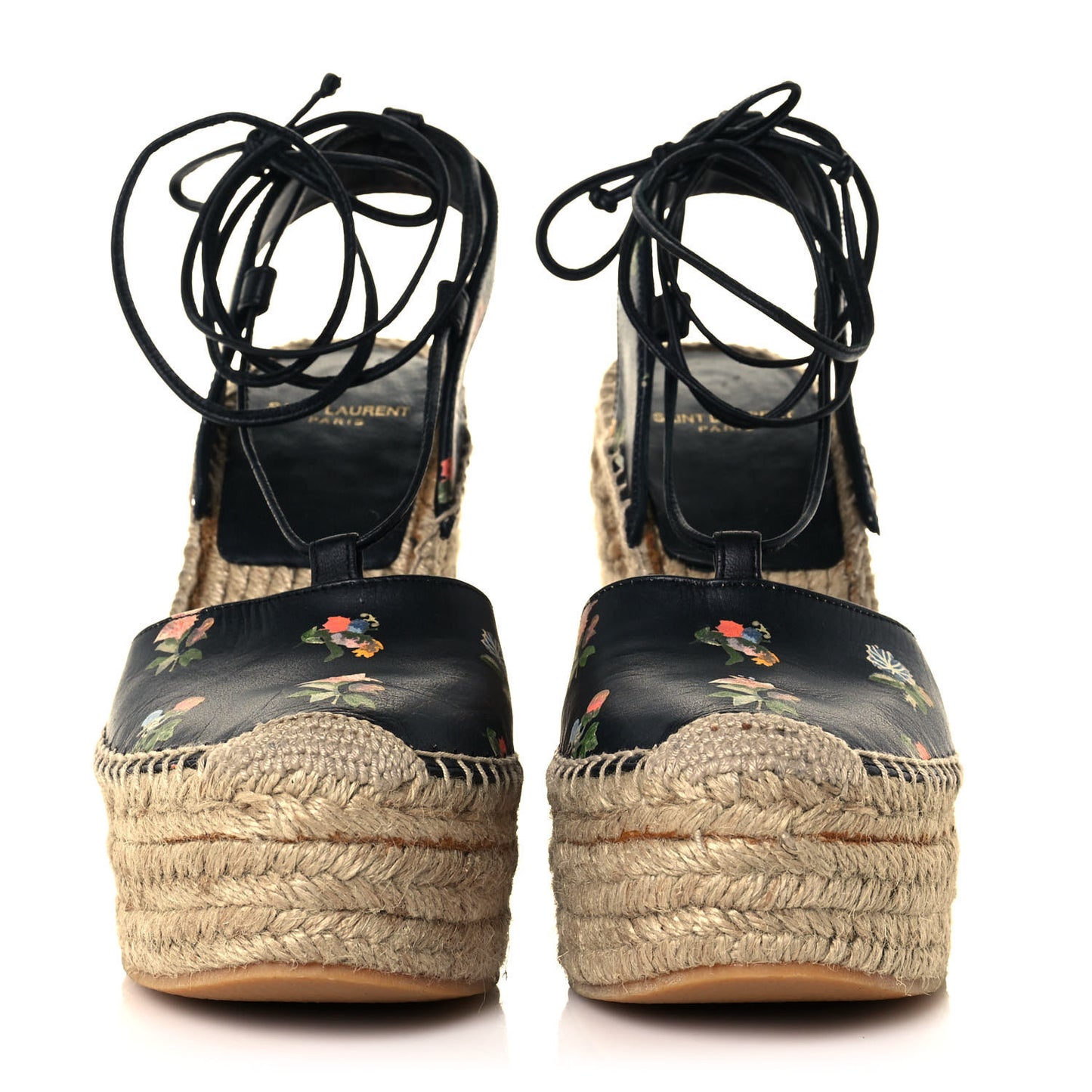 Floral Print Espadrille Lace-Up Wedges 37 Black