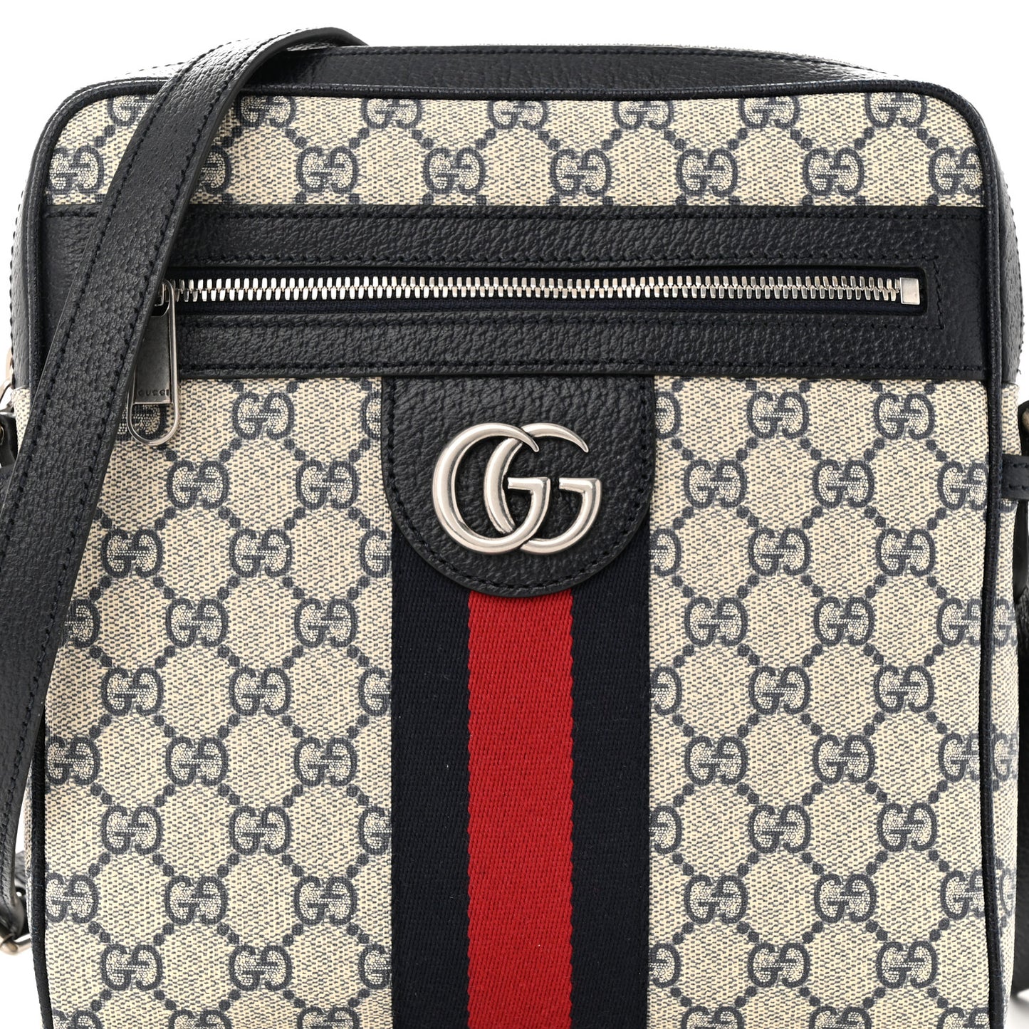GG Supreme Monogram Textured Dollar Calfskin Web Small Ophidia Messenger Bag Beige Blue