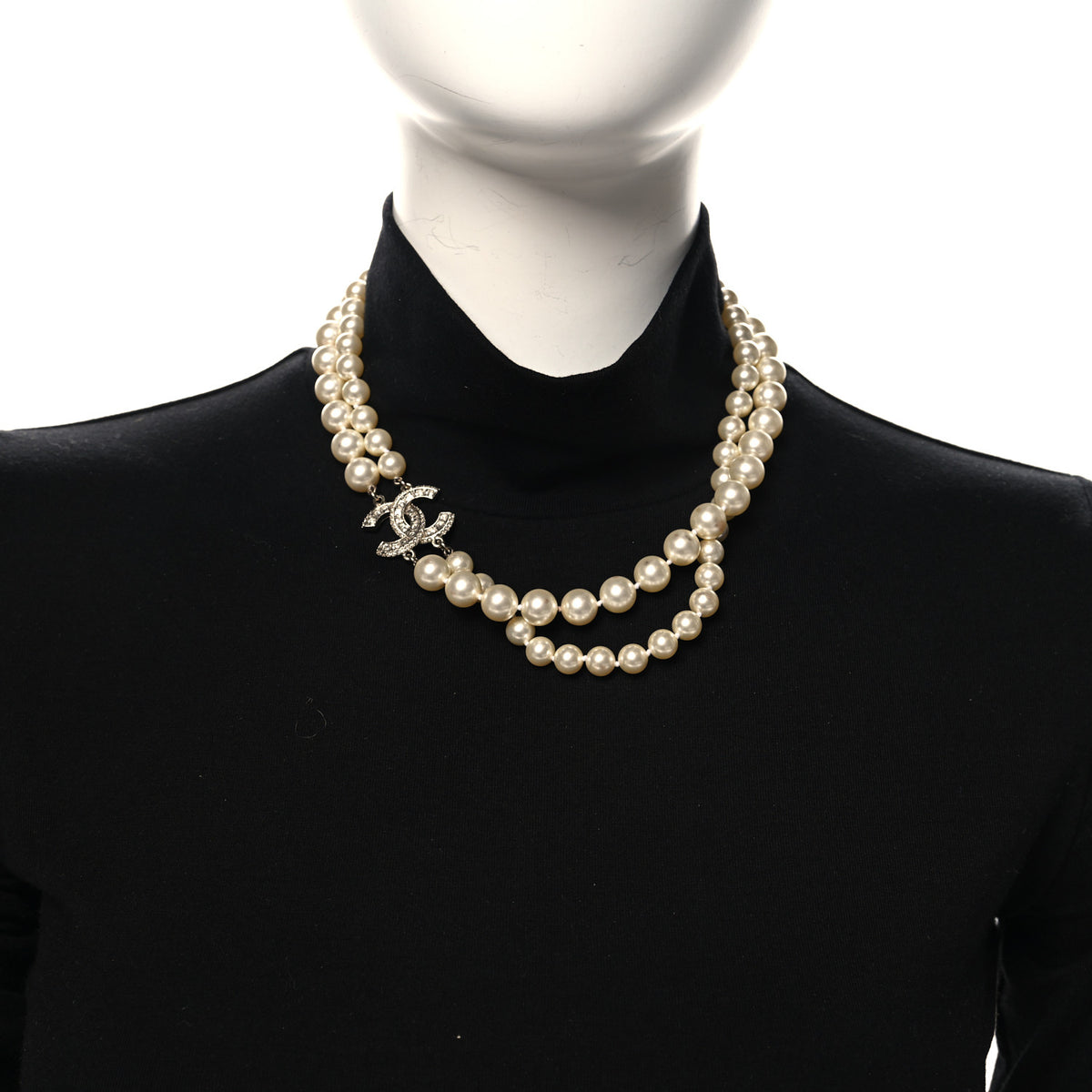 Baguette Crystal Pearl CC Double Strand Necklace Gold