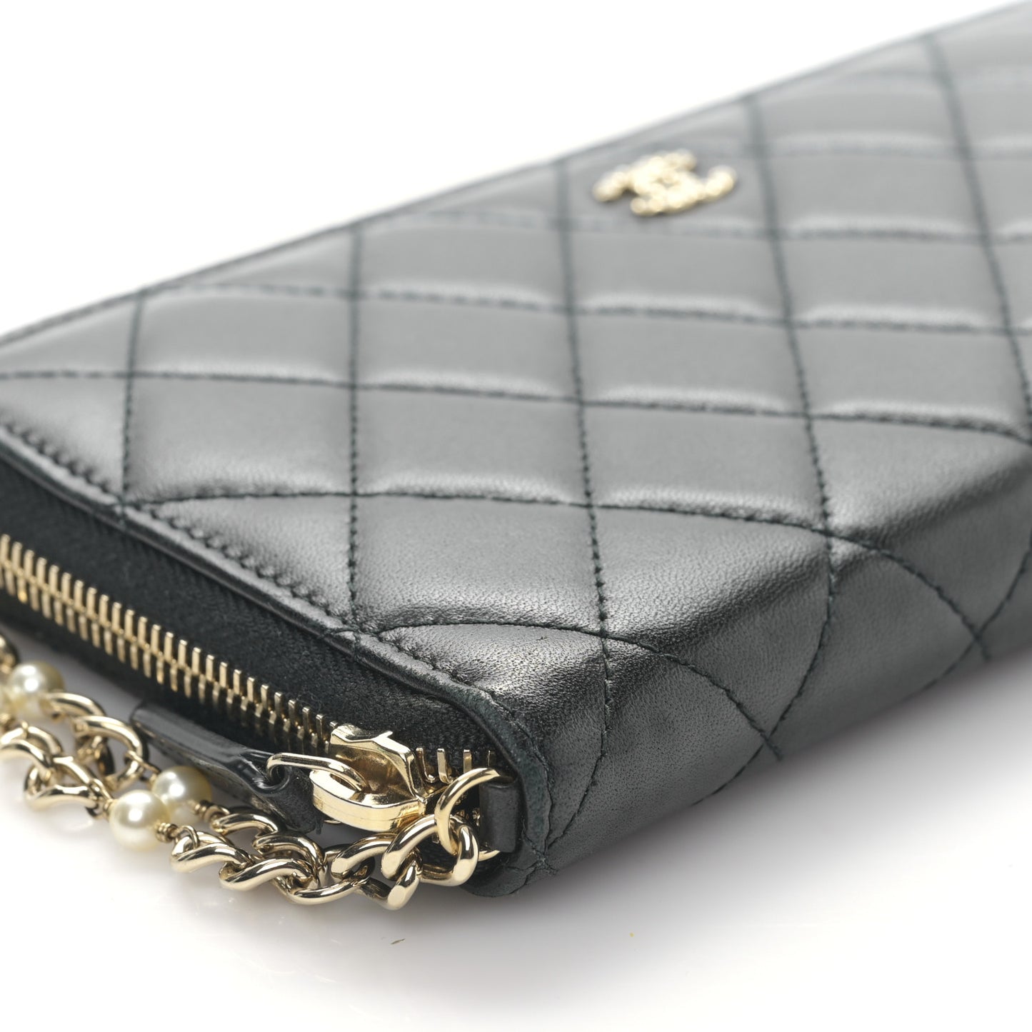 Lambskin Zip Around Large Gusset Wallet With Pearl Chain Black