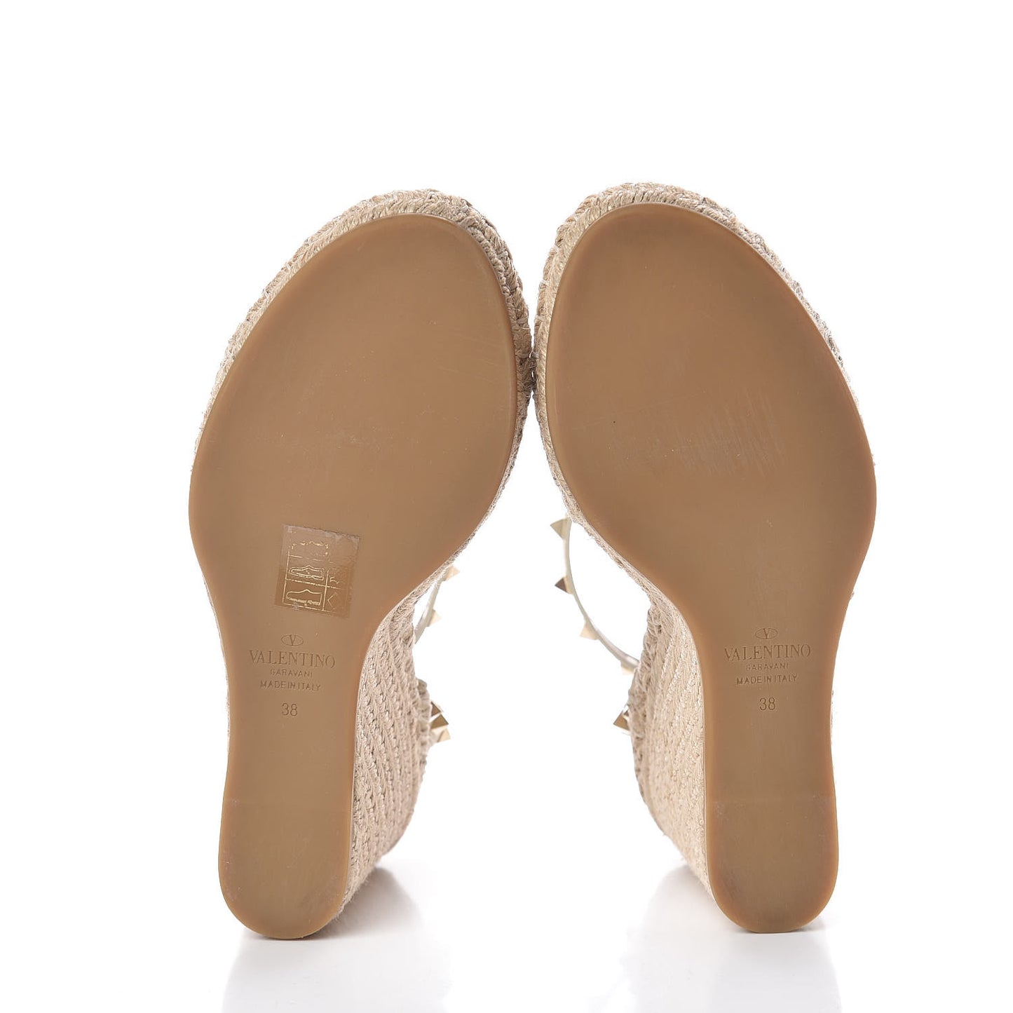 Grained Calfskin Rockstud Ankle Strap Espadrille Wedge Sandals 38 Light Ivory