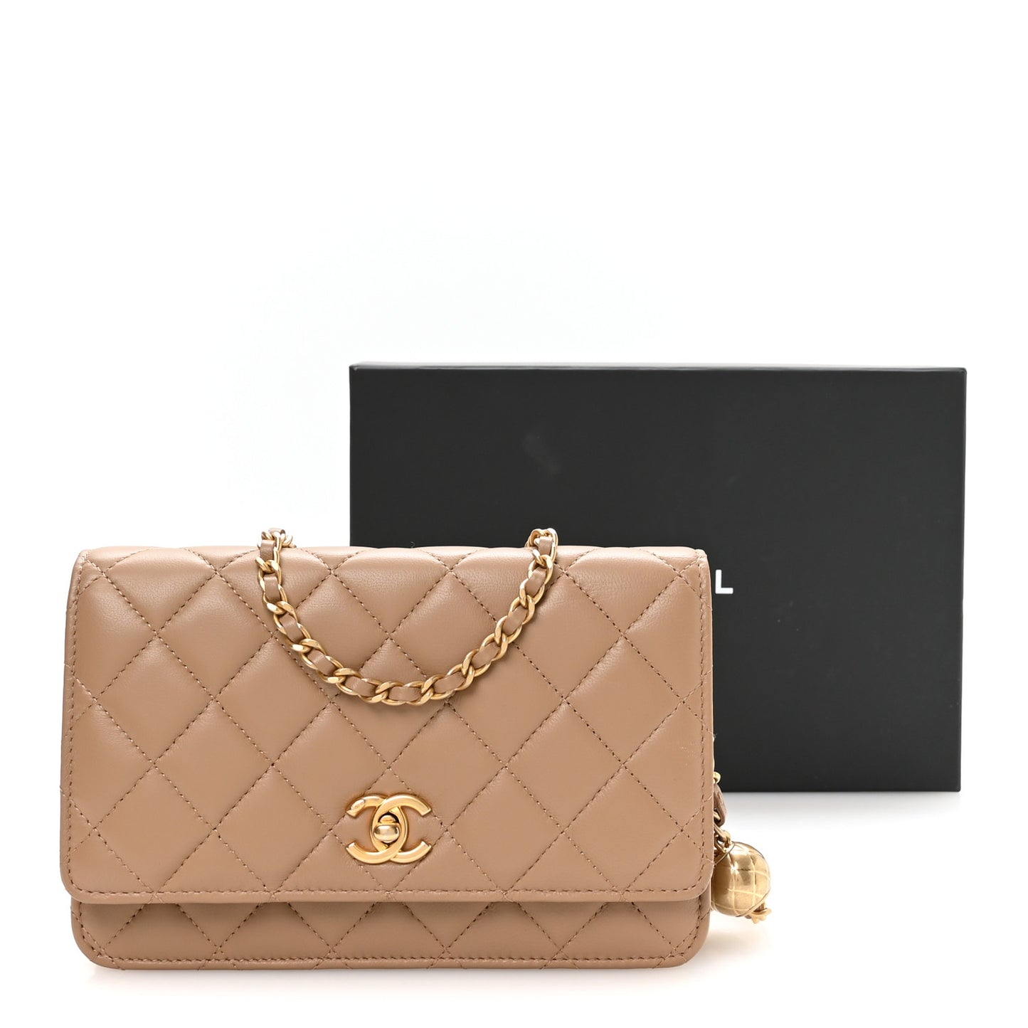 Lambskin Quilted CC Pearl Crush Wallet on Chain WOC Beige