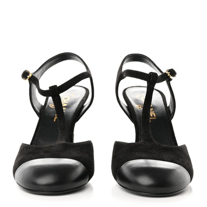 Chanel Suede Lambskin Cap Toe Crystal Slingback Pumps 40 Black 2 of 11