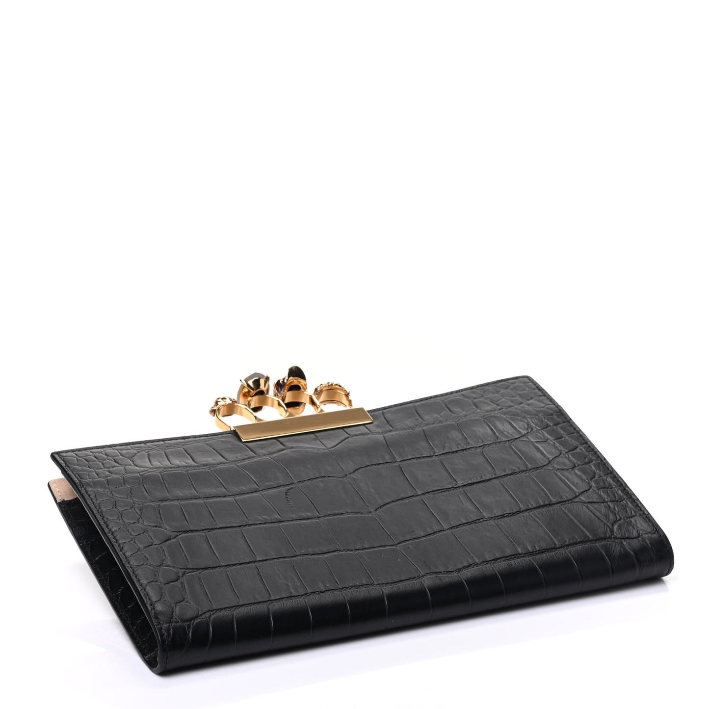 Calfskin Crocodile Embossed Knuckle Flat Clutch Black Gold