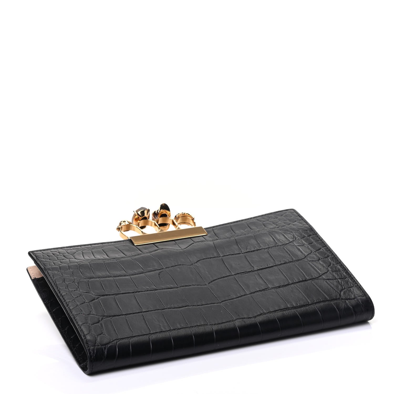 Alexander McQueen Calfskin Crocodile Embossed Knuckle Flat Clutch Black Gold 4 of 9