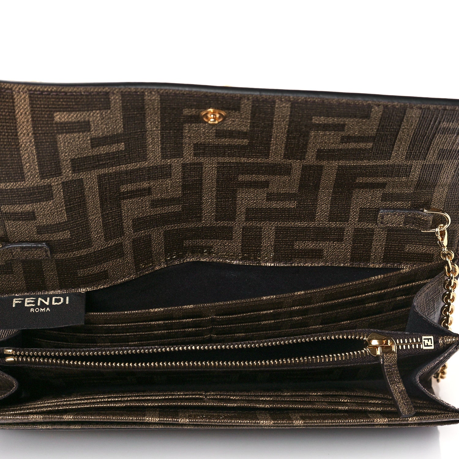 Fendi Glazed Fabric Vitello Liberty FF 1974 Logo Hairdo Girls Inlay Continental Wallet on Chain Mogano Panna Multicolor 4 of 10