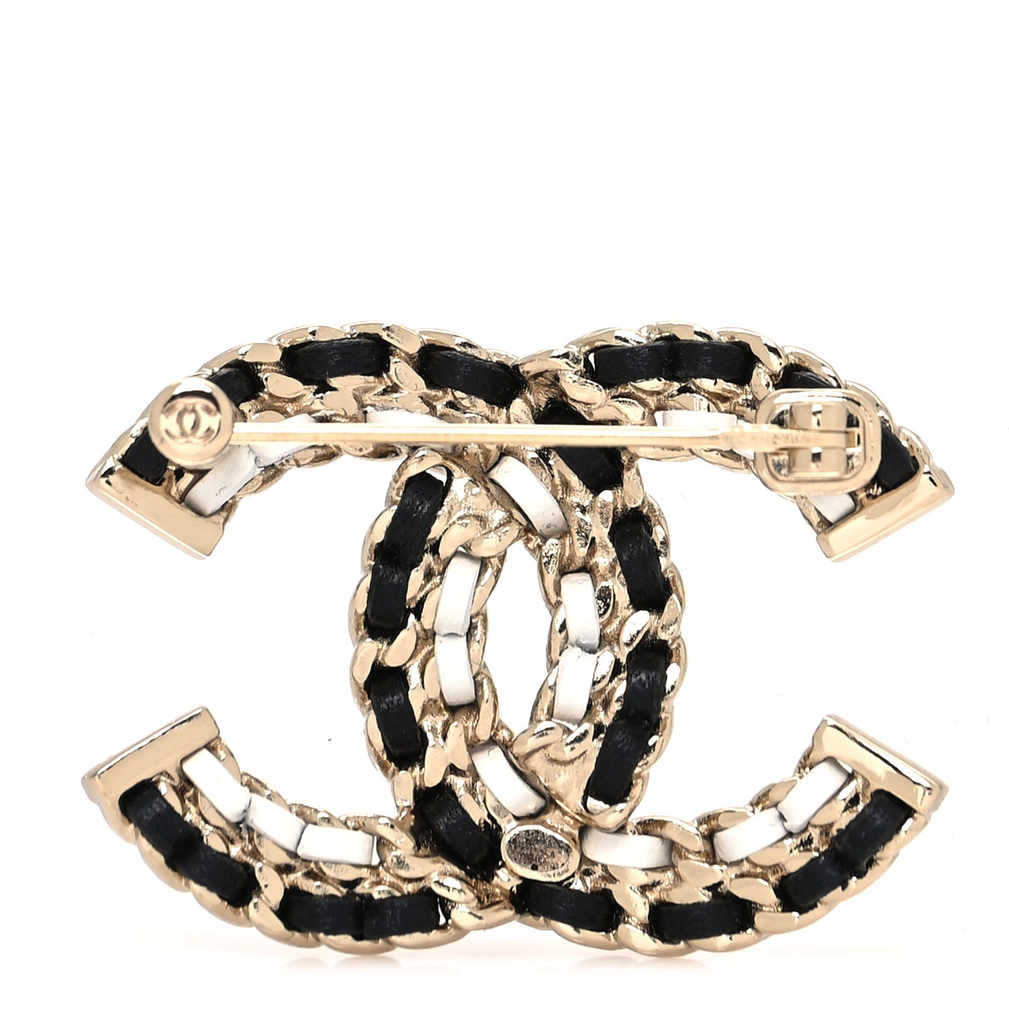 Lambskin Chain CC Brooch Black White Gold