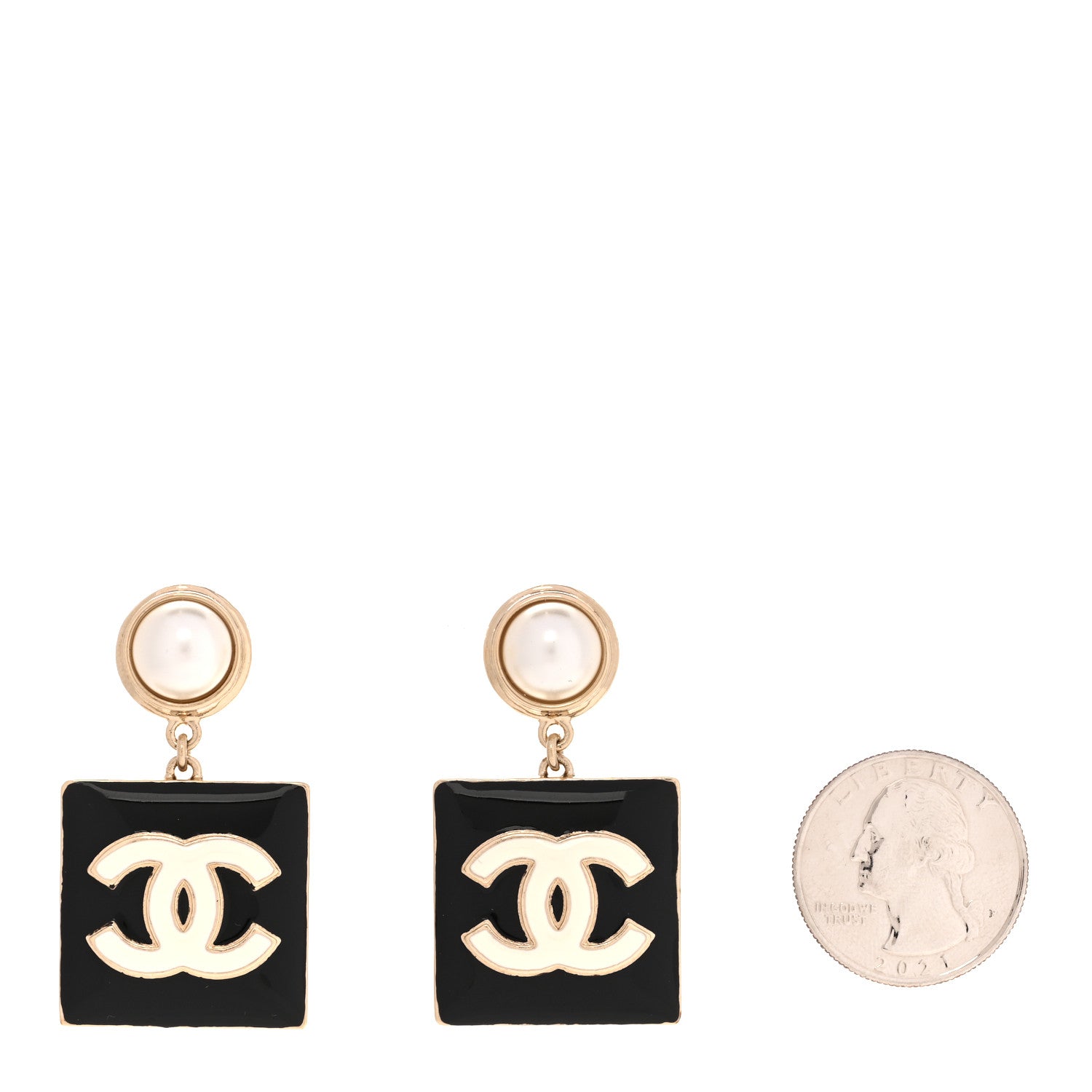 Chanel Metal Enamel Pearl Square CC Drop Earrings Gold Black White 2 of 5