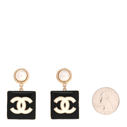 Chanel Metal Enamel Pearl Square CC Drop Earrings Gold Black White 2 of 5