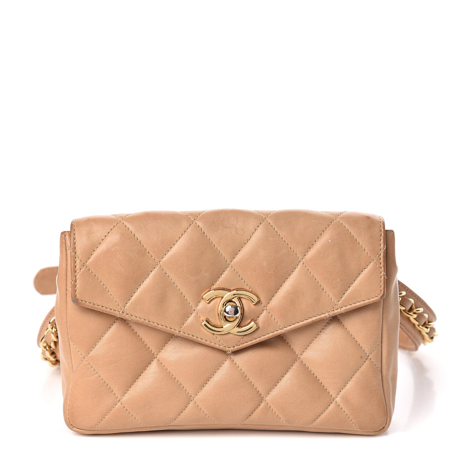 Lambskin Quilted Flap Waist Belt Bag Beige