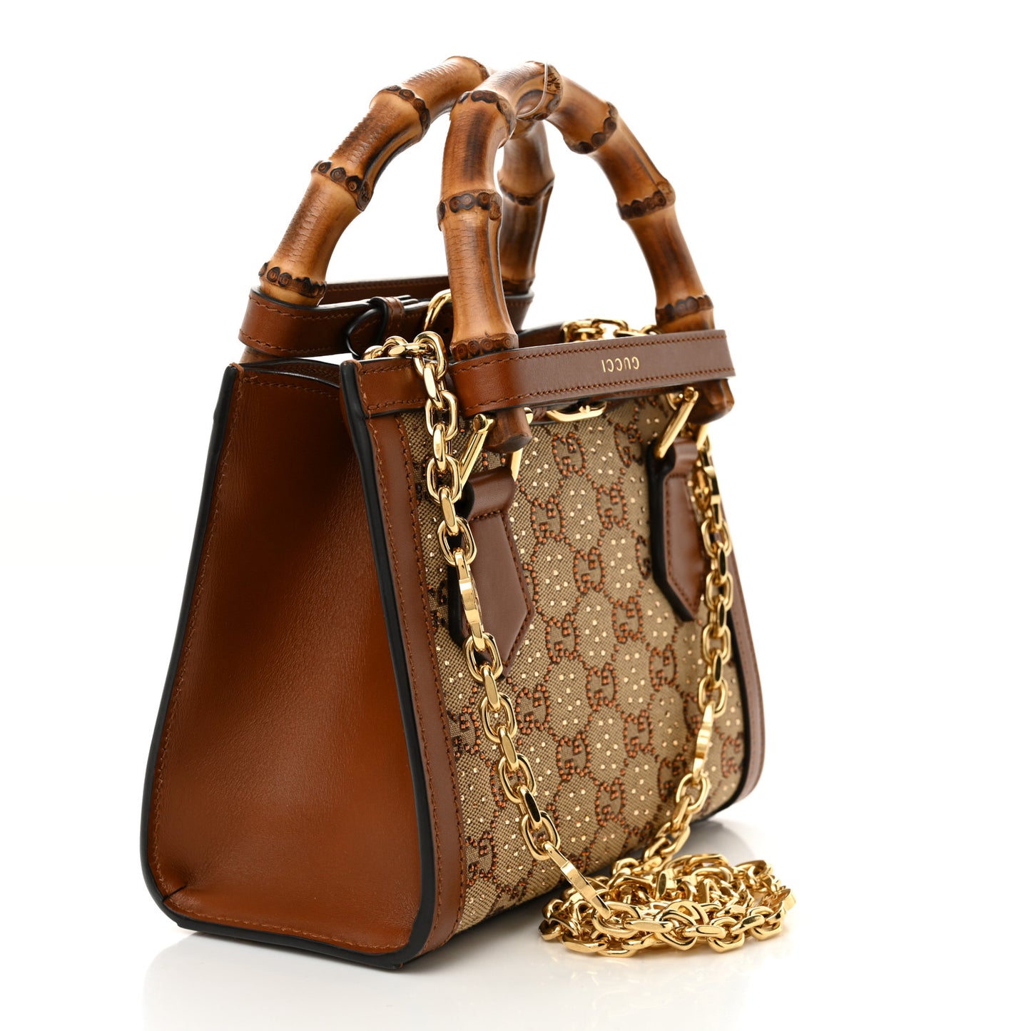 New Canvas Charisma Calfskin Crystal GG Monogram Mini Diana Tote Bag Camel Ebony
