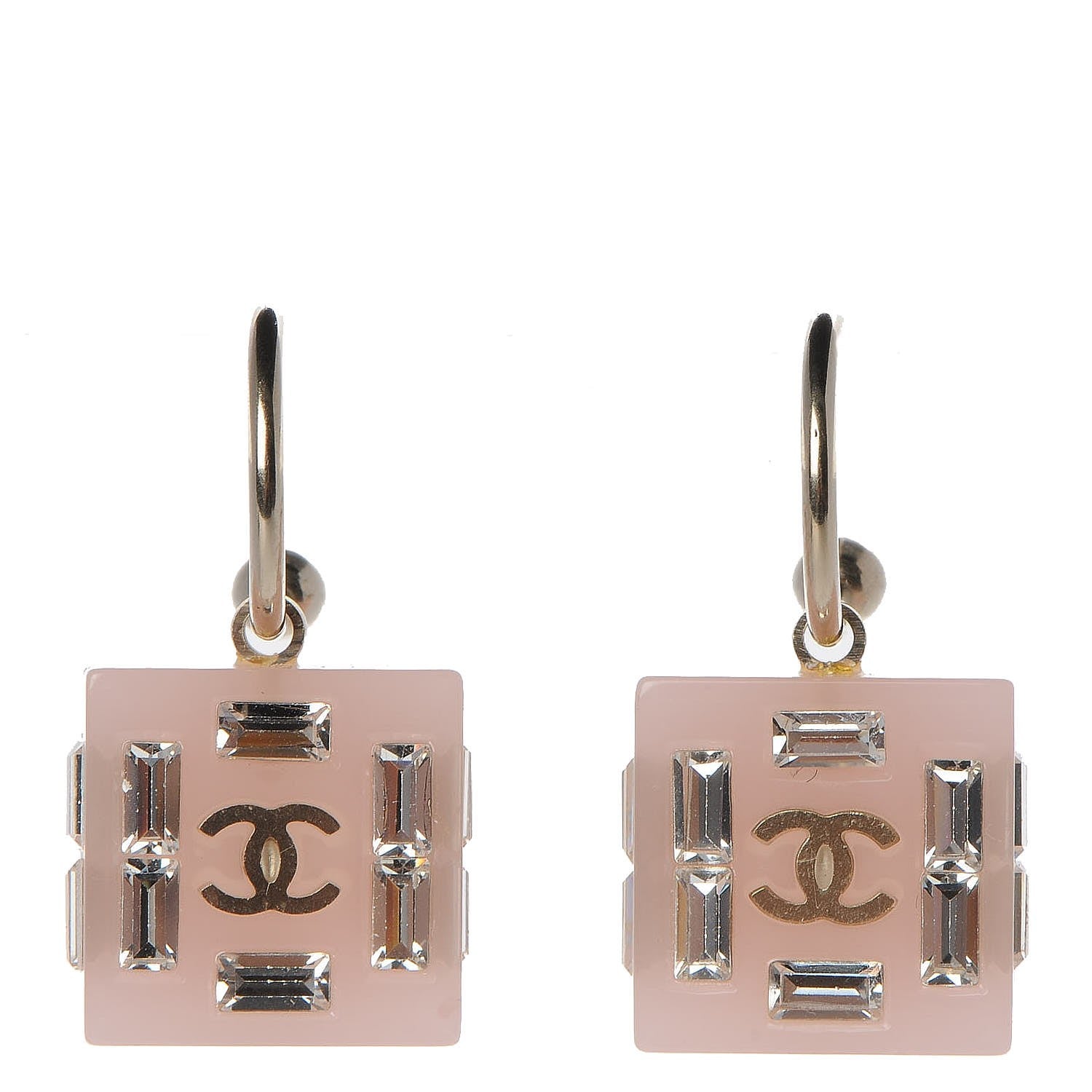 Chanel Resin Baguette Crystal Geometric Square CC Drop Earrings Pink 1 of 4