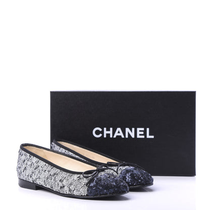 Chanel Tweed Sequin Cap Toe Ballerina Flats 36 Black Blue 9 of 9