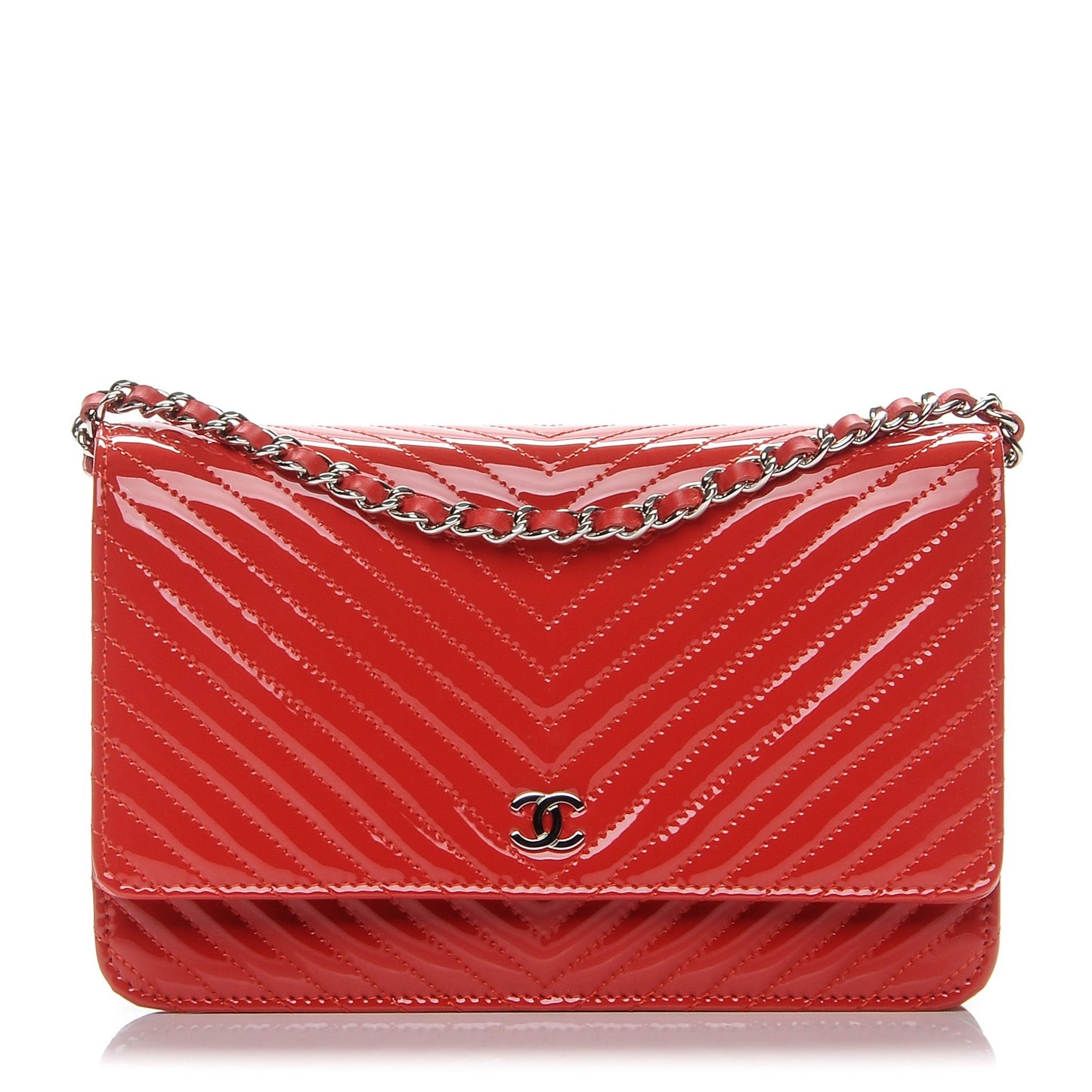 Patent Calfskin Chevron Quilted Wallet On Chain WOC Red