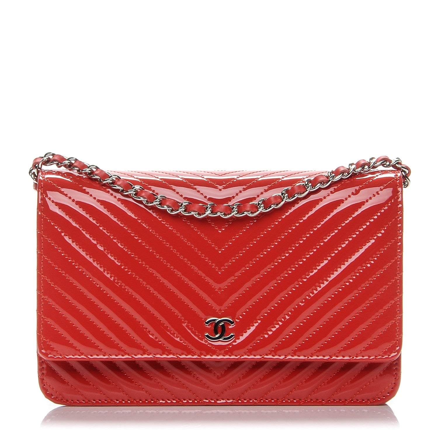Chanel Patent Calfskin Chevron Quilted Wallet On Chain WOC Red 1 of 8