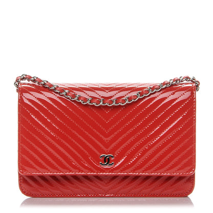 Chanel Patent Calfskin Chevron Quilted Wallet On Chain WOC Red 1 of 8