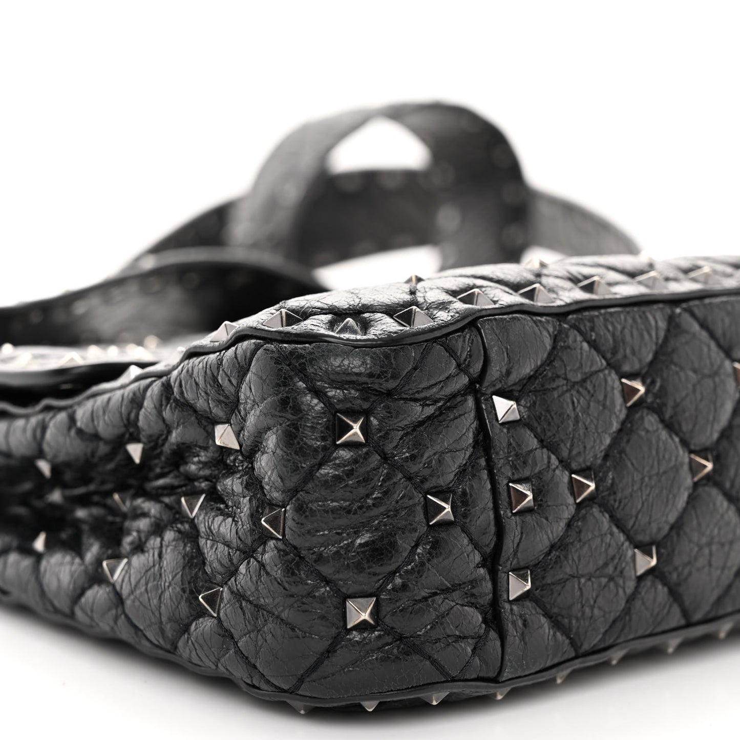 Craquele Nappa Medium Rockstud Spike Shoulder Bag Black