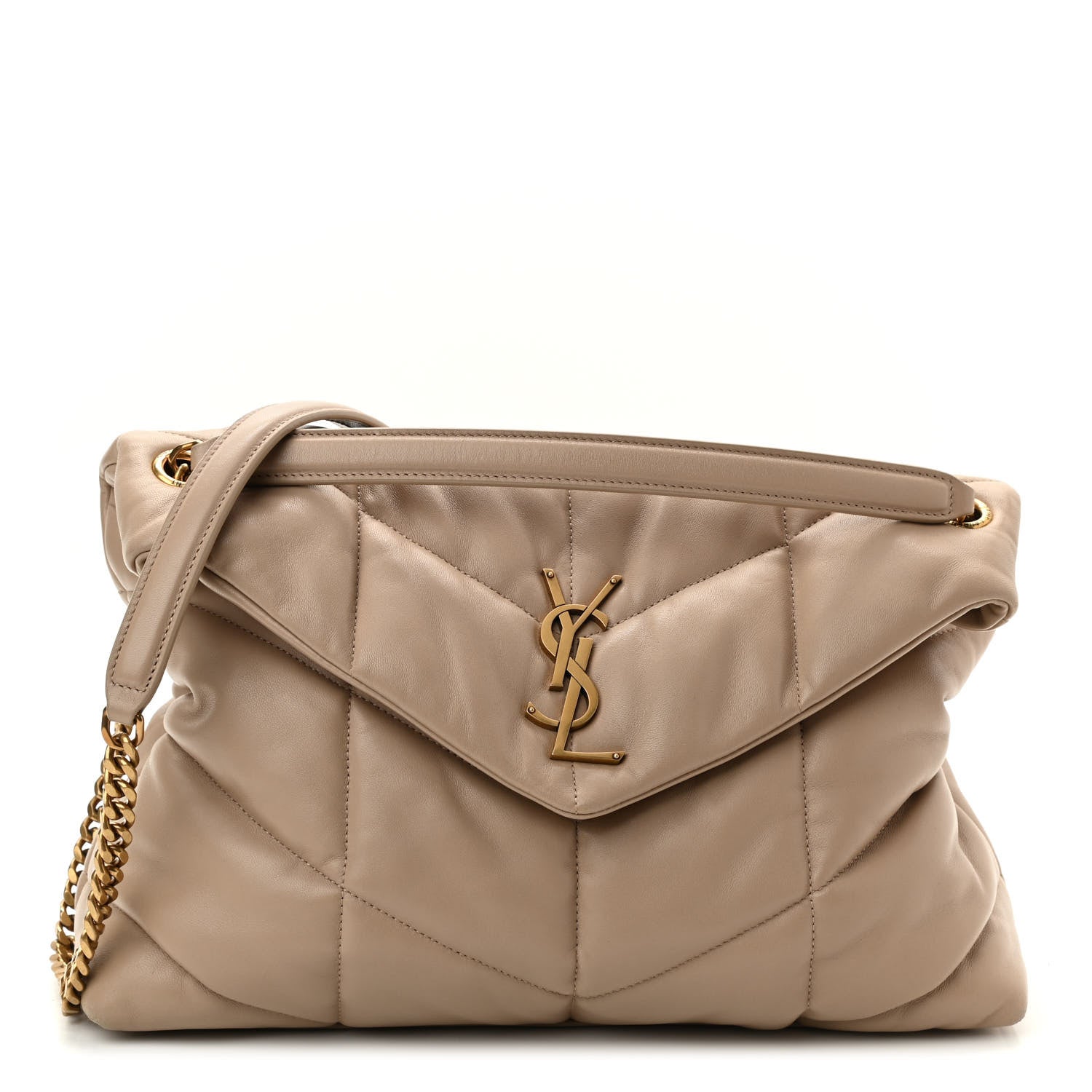 Saint Laurent Lambskin Quilted Medium Loulou Puffer Monogram Chain Satchel Dark Beige 1 of 16