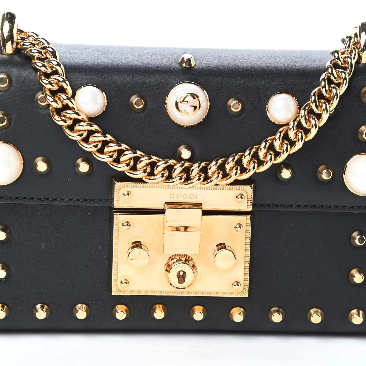 Calfskin Studded Small Padlock Shoulder Bag Black