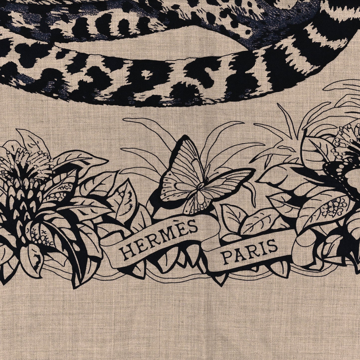 Cashmere Silk Jungle Love Tattoo Shawl 140 Natural Bleu Black