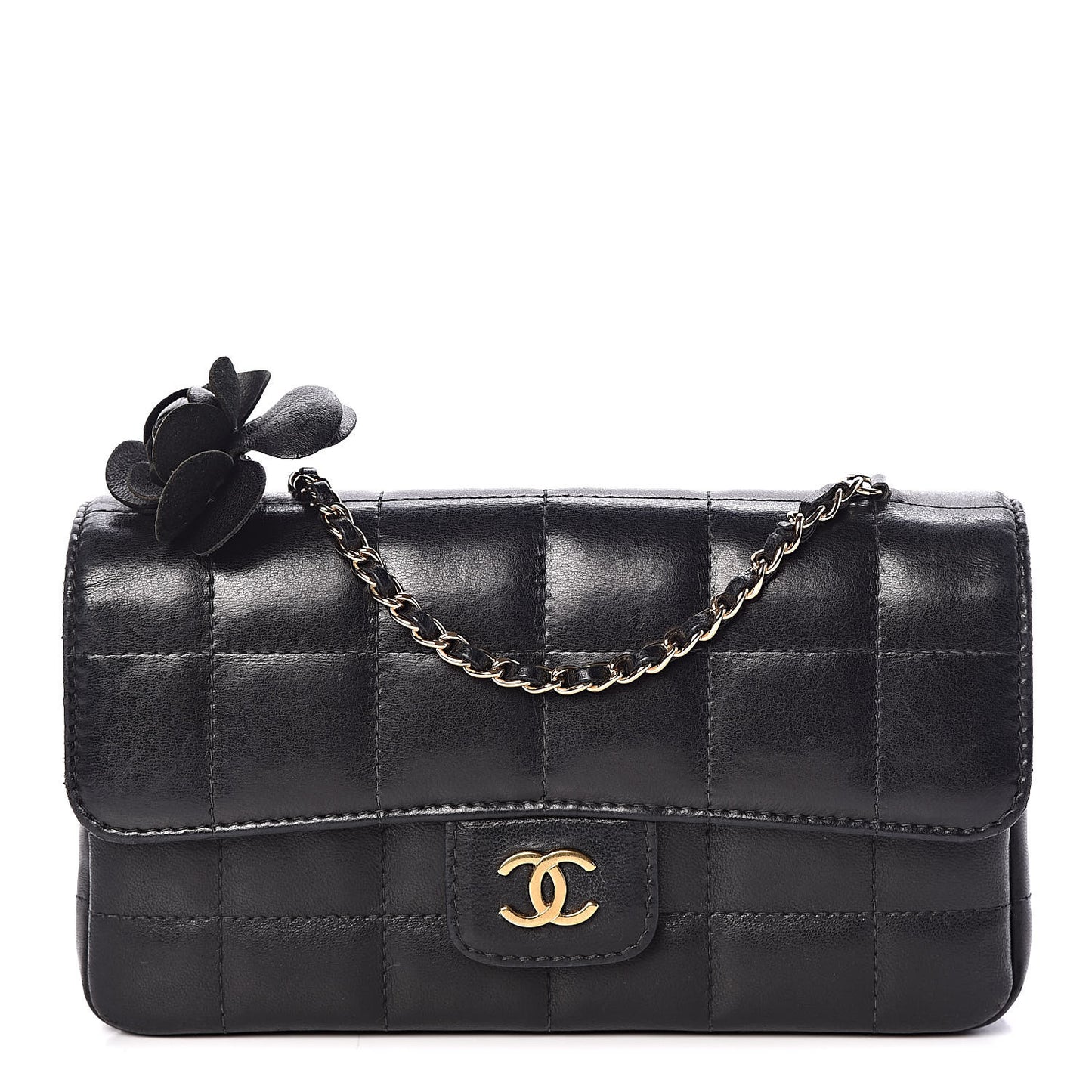 Lambskin Quilted Mini Chocolate Bar Camellia Flap Black