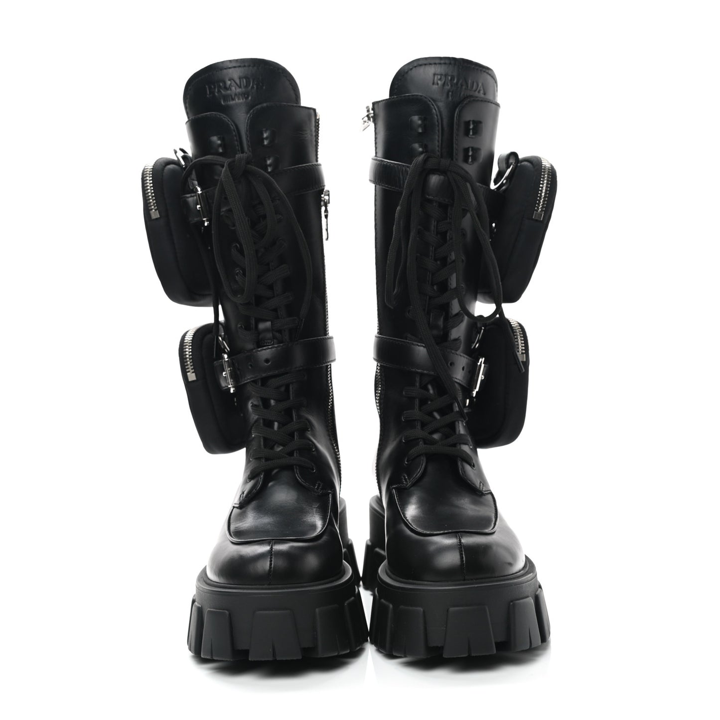 Vitello Lux Nylon Metal Triangle Logo Monolith Pouch Pocket 55mm Tall Combat Boots 36.5 Black