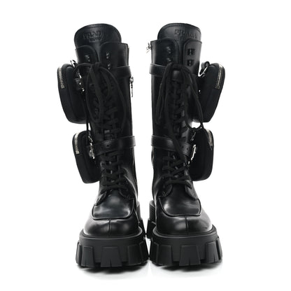 Prada Vitello Lux Nylon Metal Triangle Logo Monolith Pouch Pocket 55mm Tall Combat Boots 36.5 Black 2 of 7