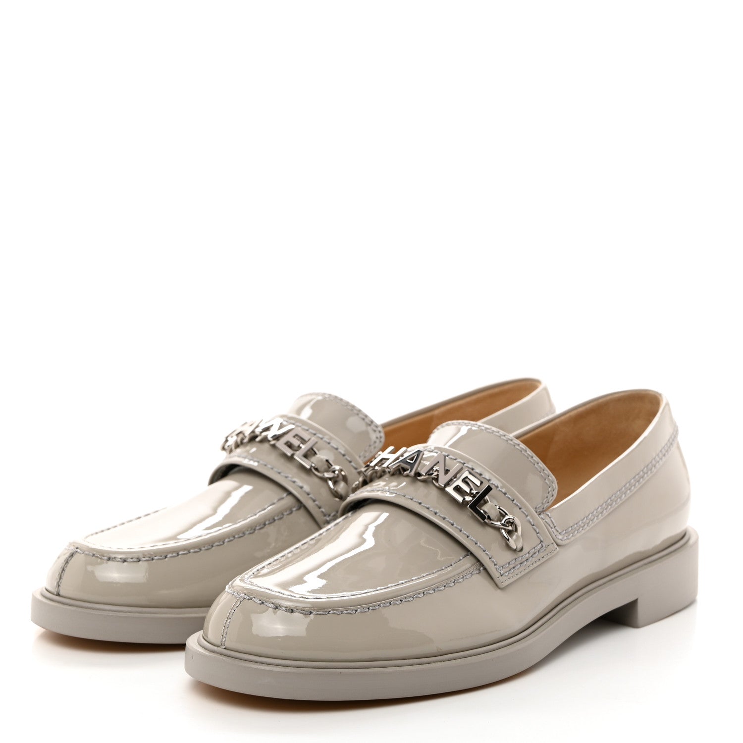 Chanel Shiny Calfskin Logo Loafers 37.5 Grey 3 of 9