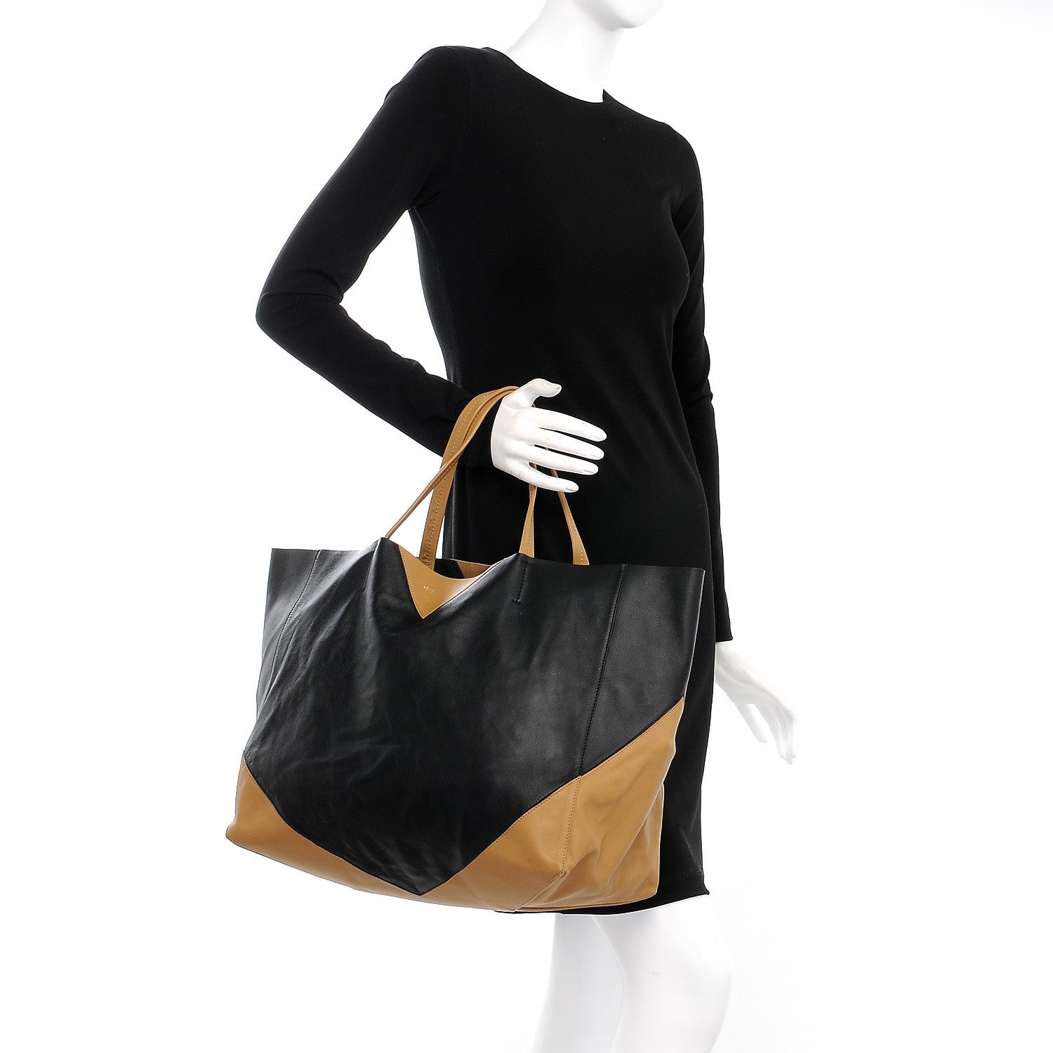Celine Lambskin Horizontal Bi-Color Coeur Cabas Camel Black 2 of 6