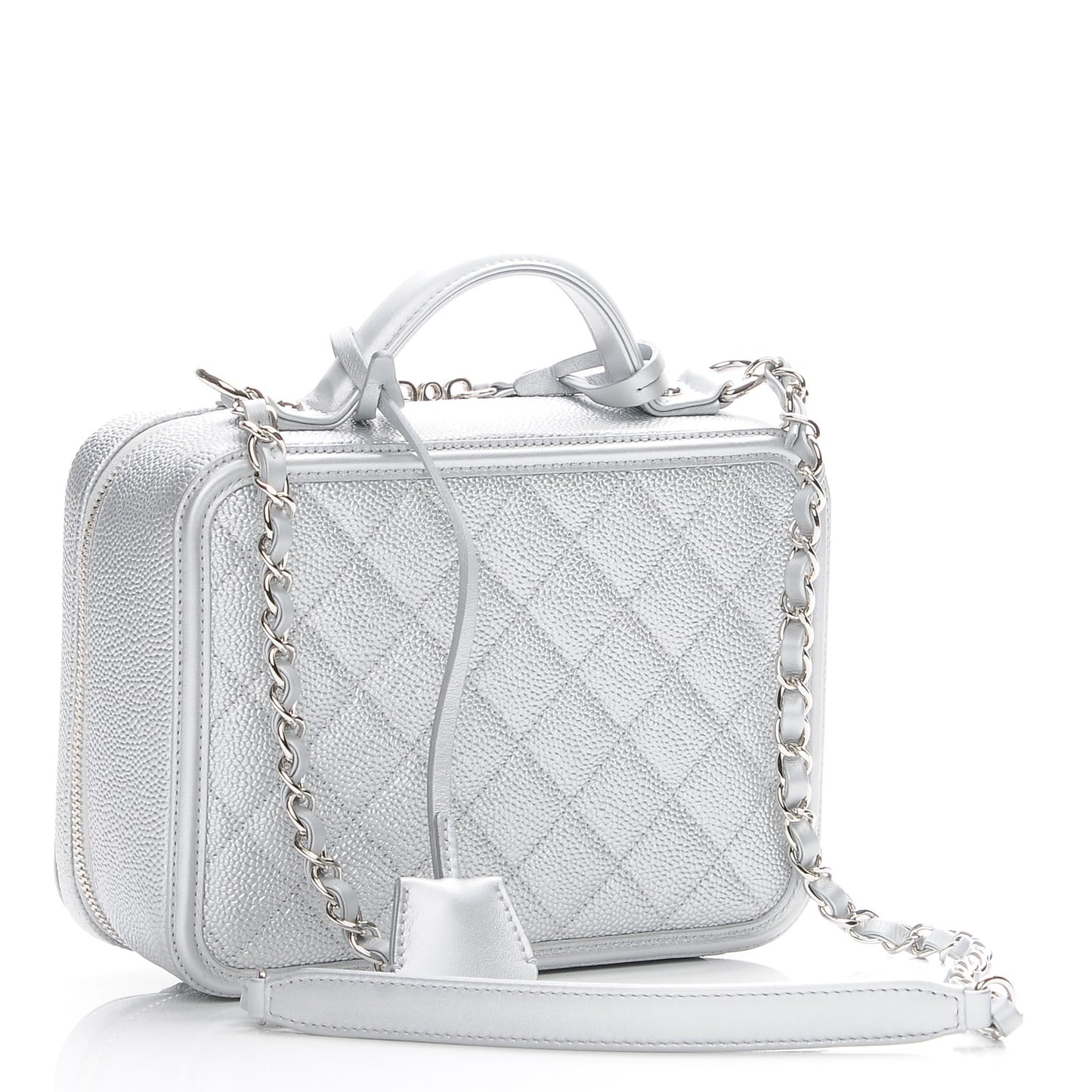 Metallic Caviar Quilted Medium CC Filigree Vanity Case Silver