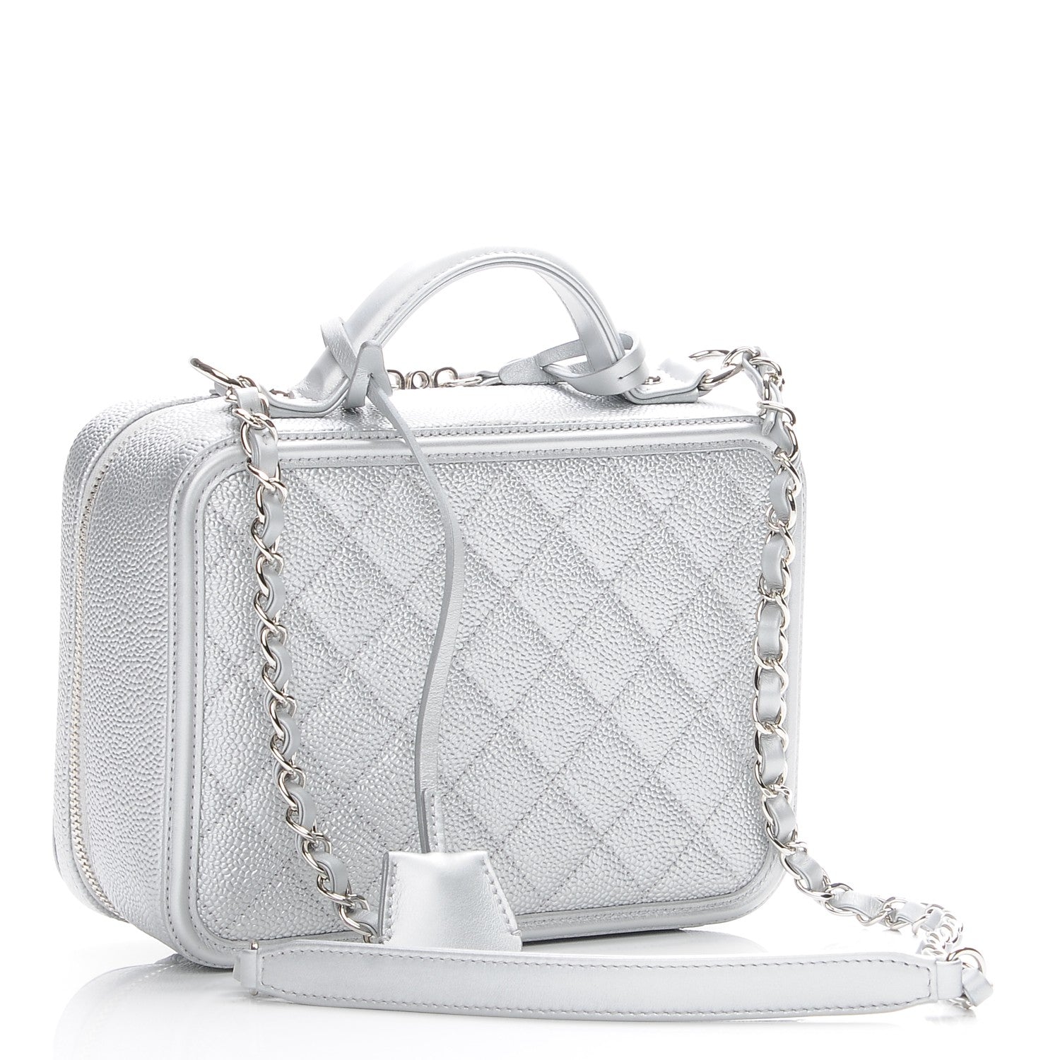 Chanel Metallic Caviar Quilted Medium CC Filigree Vanity Case Silver 3 of 9