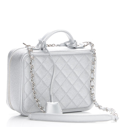 Chanel Metallic Caviar Quilted Medium CC Filigree Vanity Case Silver 3 of 9