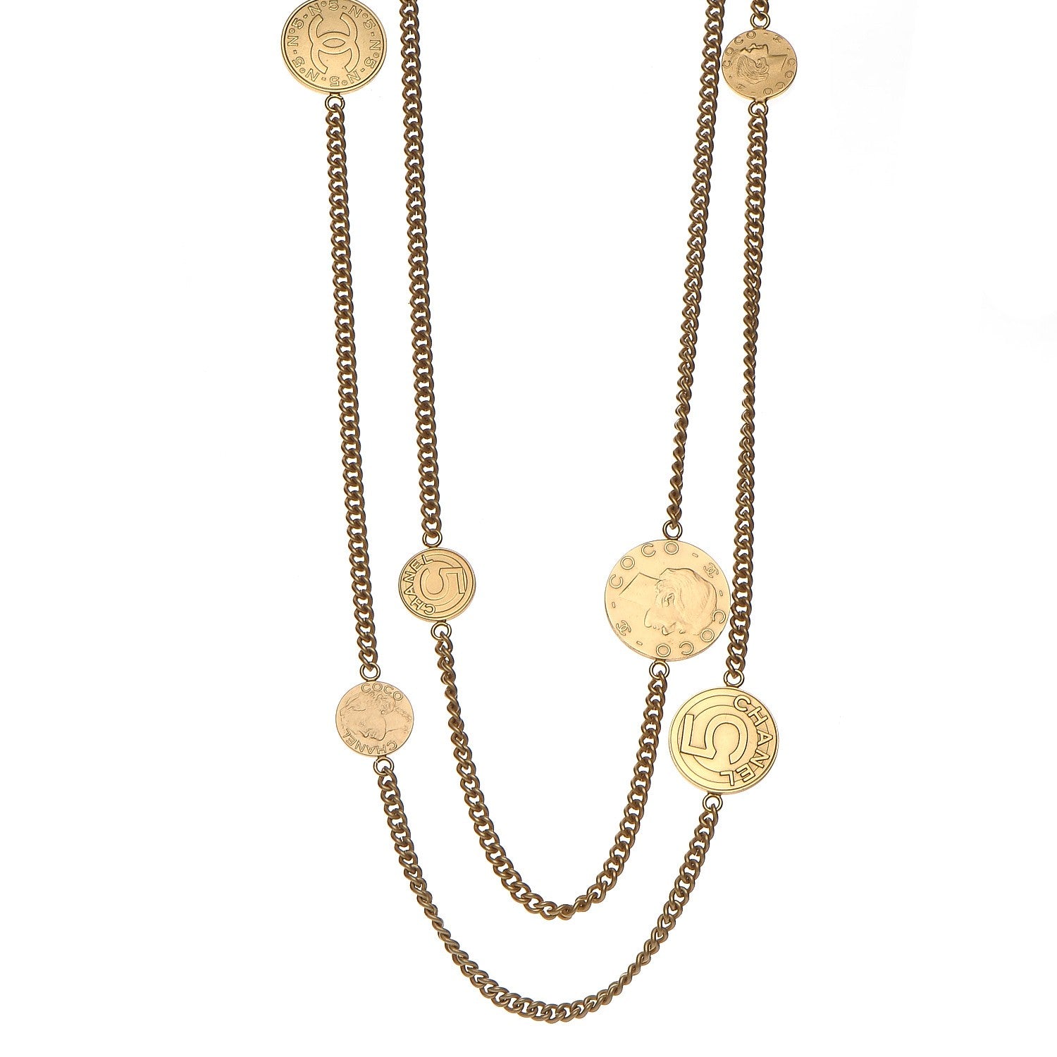 Chanel CC Coco Camellia Coin Long Necklace Gold 1 of 11