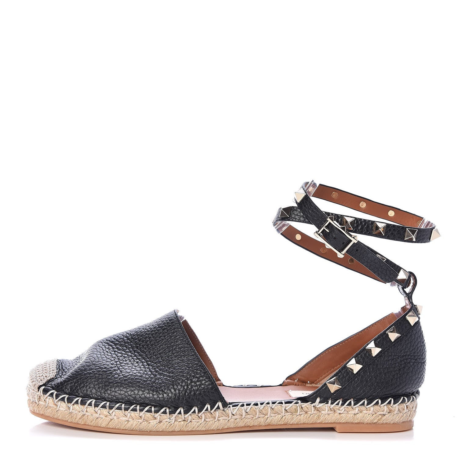 Valentino Garavani Grained Calfskin Rockstud Ankle Wrap Espadrille 20mm Flats 38 Black Light Cuir Natural 1 of 9