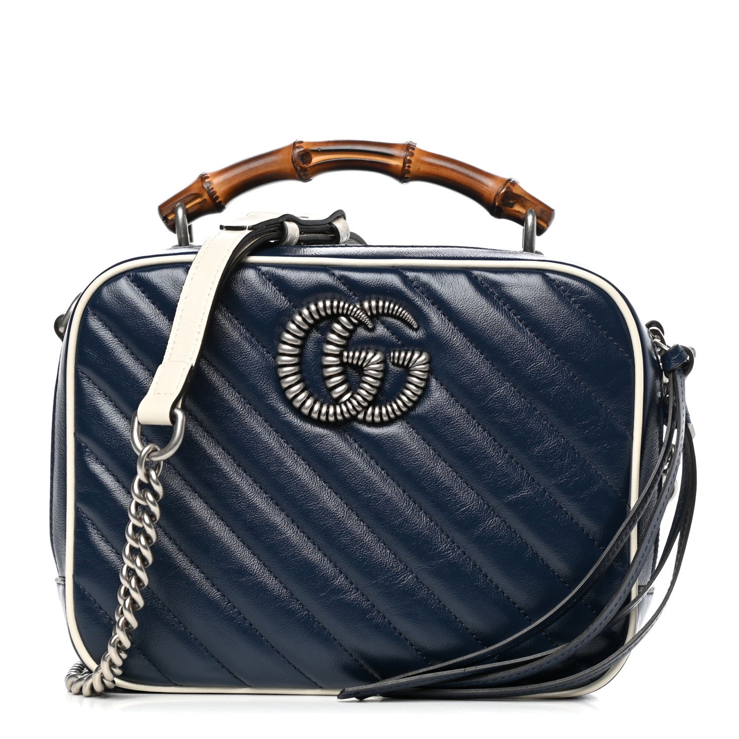 Gucci Vintage Effect Calfskin Matelasse Diagonal Small Torchon GG Marmont Bamboo Top Handle Shoulder Bag Blue Agata Mystic White 1 of 10